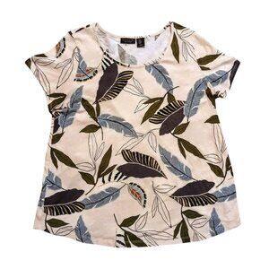 TAHARI Top Womens Size 1x Tropical Floral LUXE Linen Print Short Sleeve Shirt